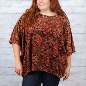 Jantie Design Autumn Leaves Boxy Velvet Elbow Sleeve Tunic Made USA 1x